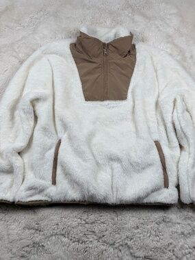 Lands' End Women's Half Zip Cozy High Pile Fleece Pullover 3/4 Zip Ivory Medium